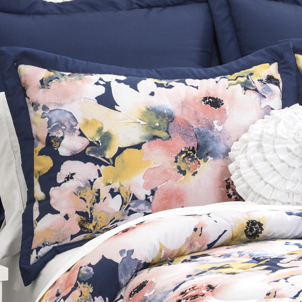 Lush Decor Floral Watercolor Comforter Blue 7Pc Set King