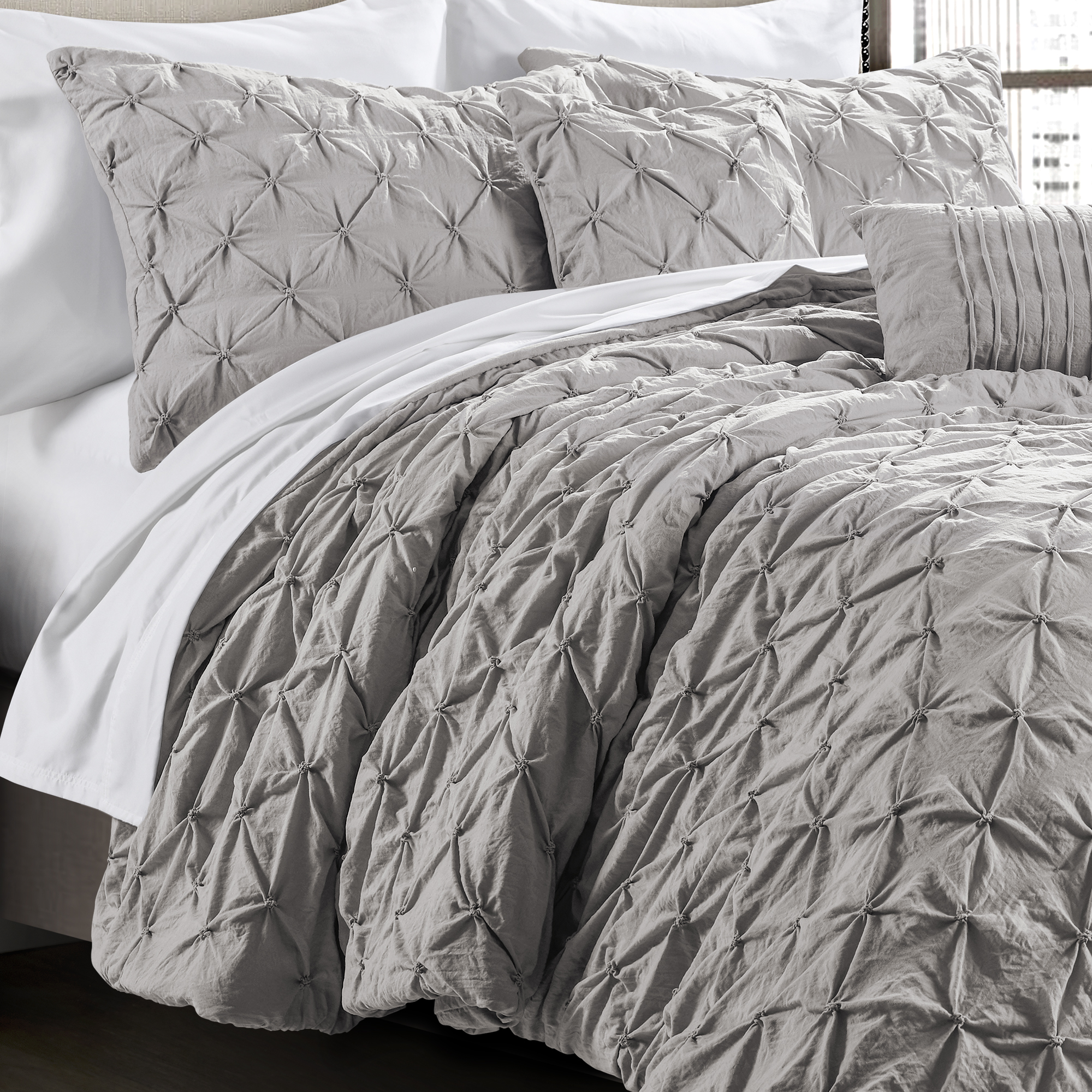 Lush Decor Ravello Pintuck Comforter Light Gray 5pc Set Full Queen