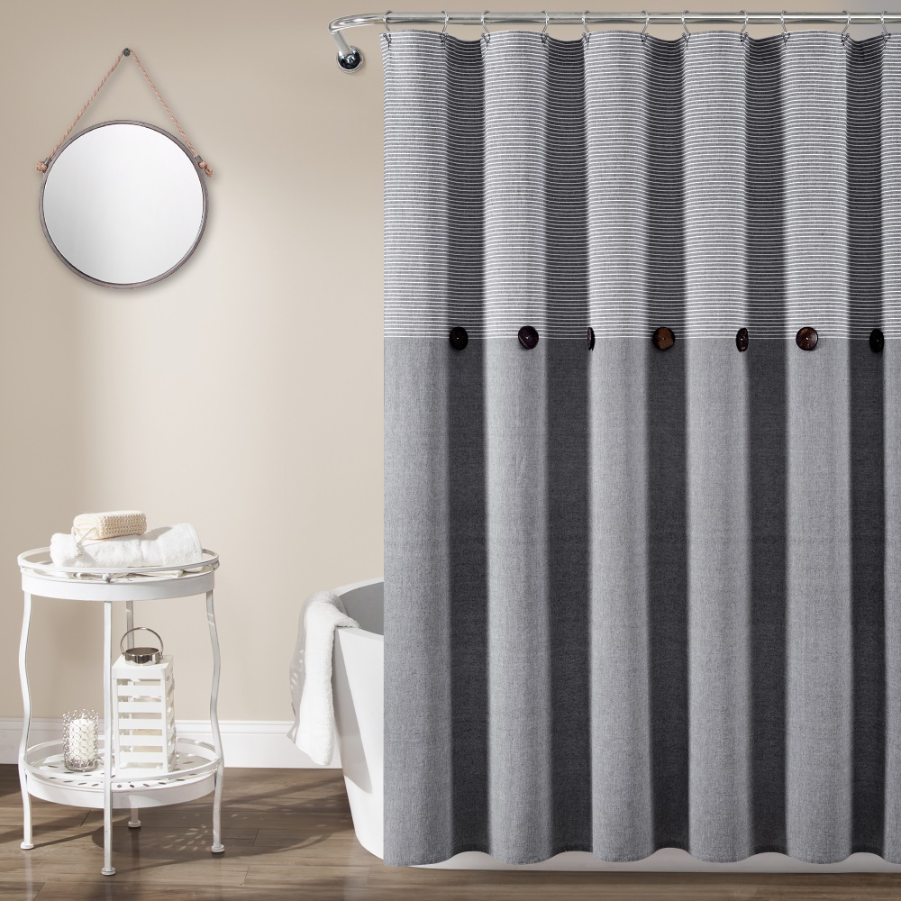 Lush Decor Farmhouse Button Stripe Yarn Dyed Woven Cotton Shower Curtain Gray Single 72x72