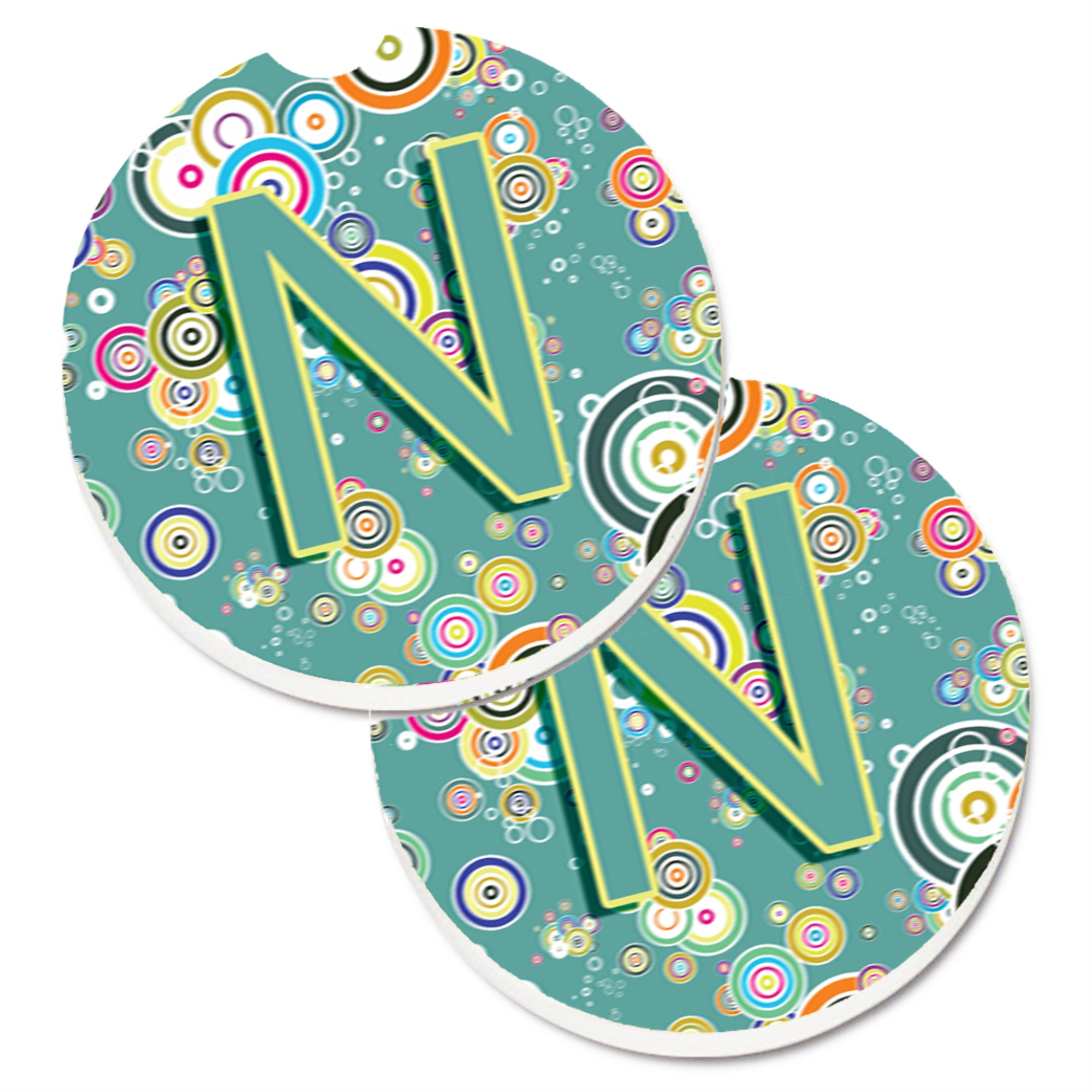 Caroline's Treasures "Caroline's Treasures Letter N Circle Teal Initial Alphabet Set of 2 Cup Holder Car Coasters CJ2015-NCARC, 2.56, Multicolor"