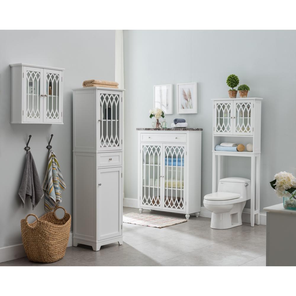 Pilaster Designs Helsinki Freestanding Bathroom Storage Tower Organizer With Cabinets, Adjustable Shelves & Drawer, White Wood, Contemporary