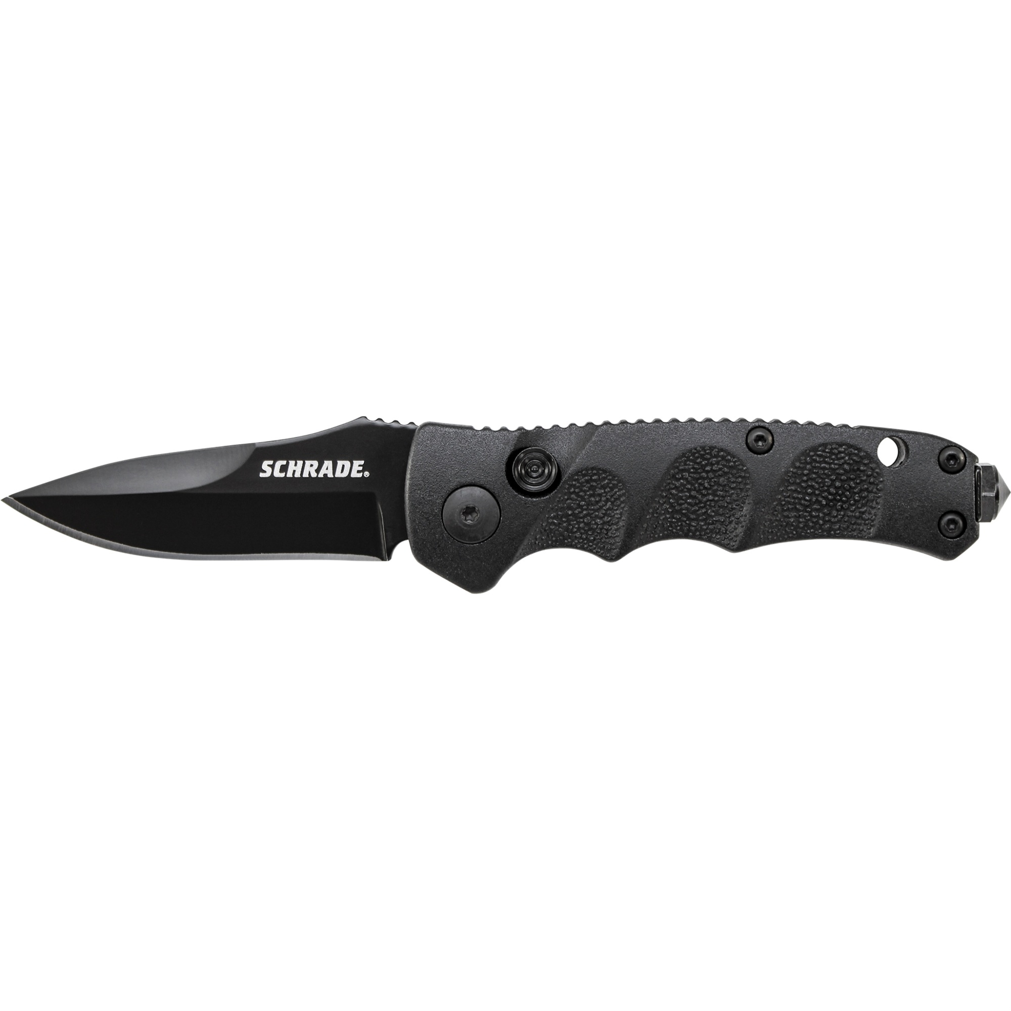 Bti Tools SC60MB - Schrade Mini Black Drop Point 4116 Steel, Push Button Lock, Safety On Back Of Handle
