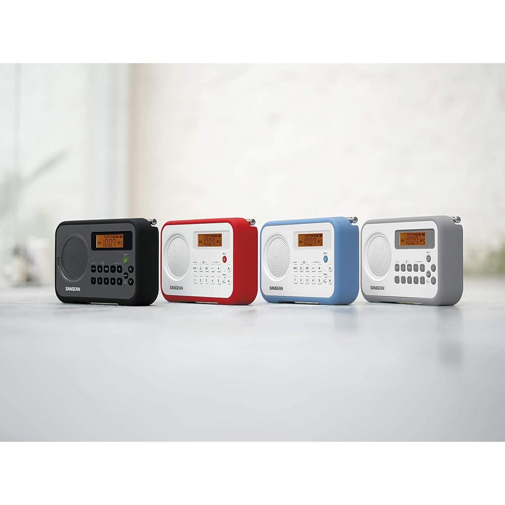 Sangean AM/FM Clock Portable Digital Radio w/ Protective Bumper (White/ Red)
