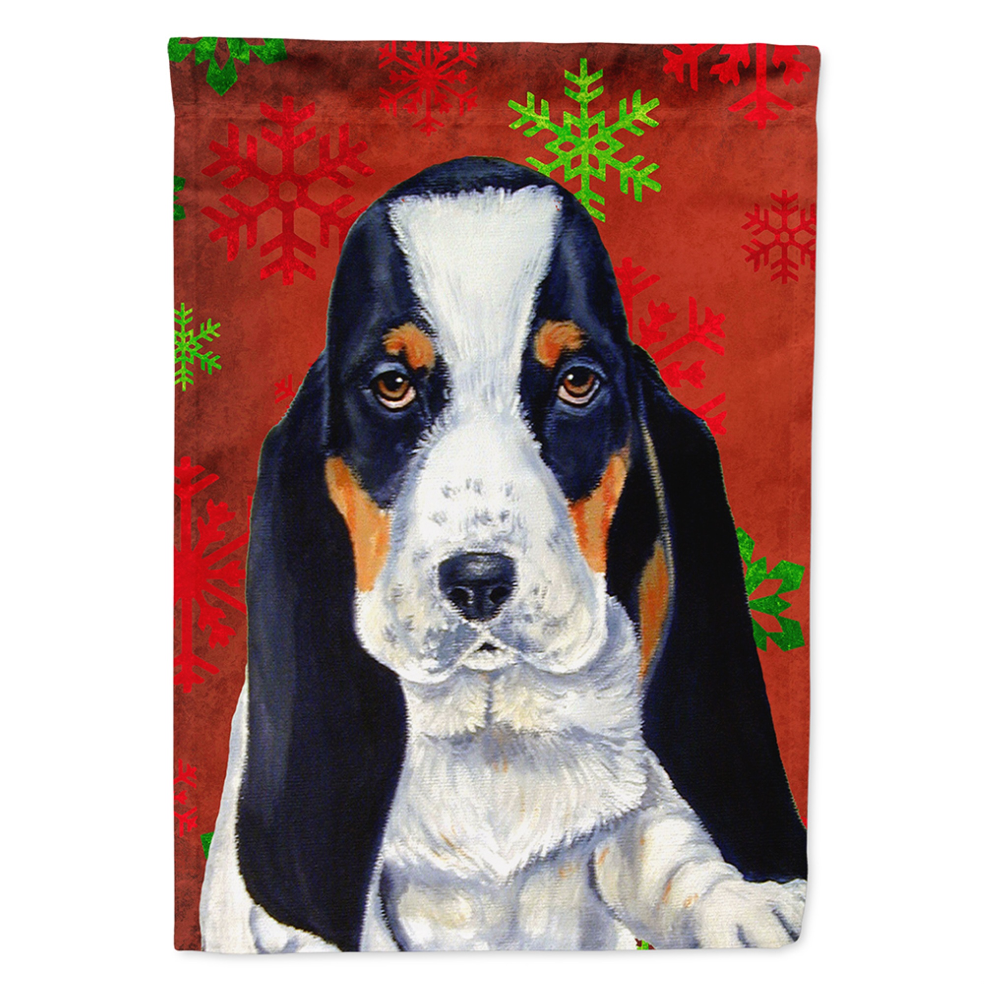 Caroline's Treasures LH9329CHF Basset Hound Red and Green Snowflakes Holiday Christmas Canvas House Flag