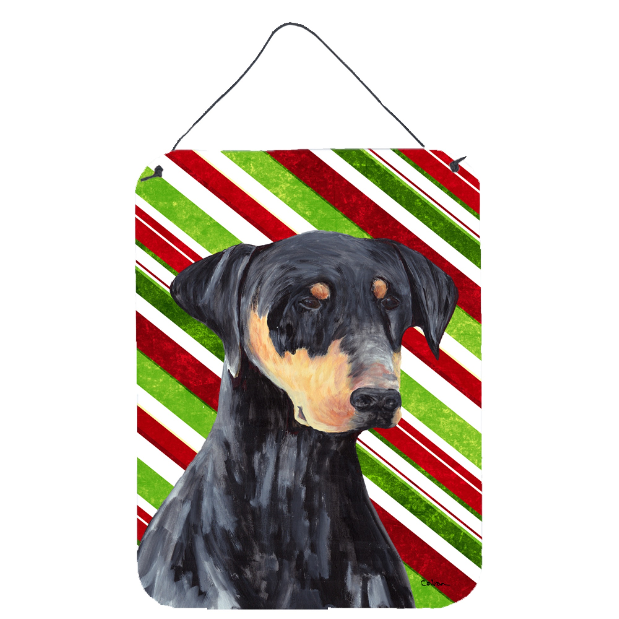 Caroline's Treasures "Caroline's Treasures Doberman Candy Cane Holiday Christmas Aluminium Wall or Door Hanging Prints, 16"" x 12"", Multicolor"