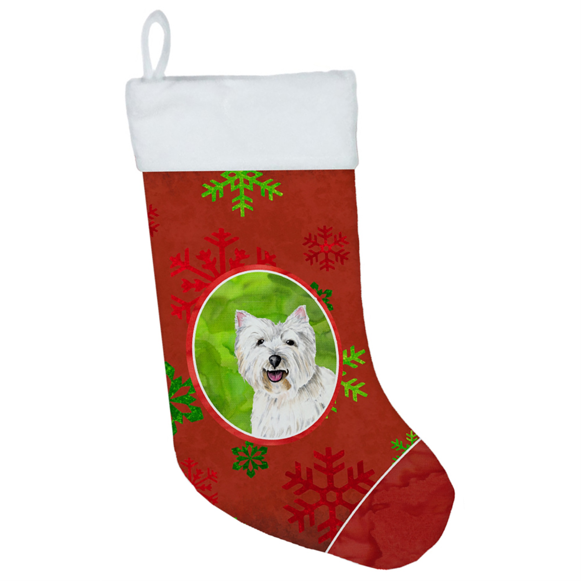 Caroline's Treasures "Caroline's Treasures SC9410-CS Westie Red and Green Snowflakes Holiday Christmas Stocking, 11 x 18"", Multicolor"
