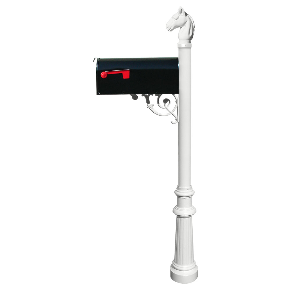 Qualarc Lewiston Equine Post System with E1 Economy Mailbox, Mounting Plate, Fluted Base and Horsehead Finial - White