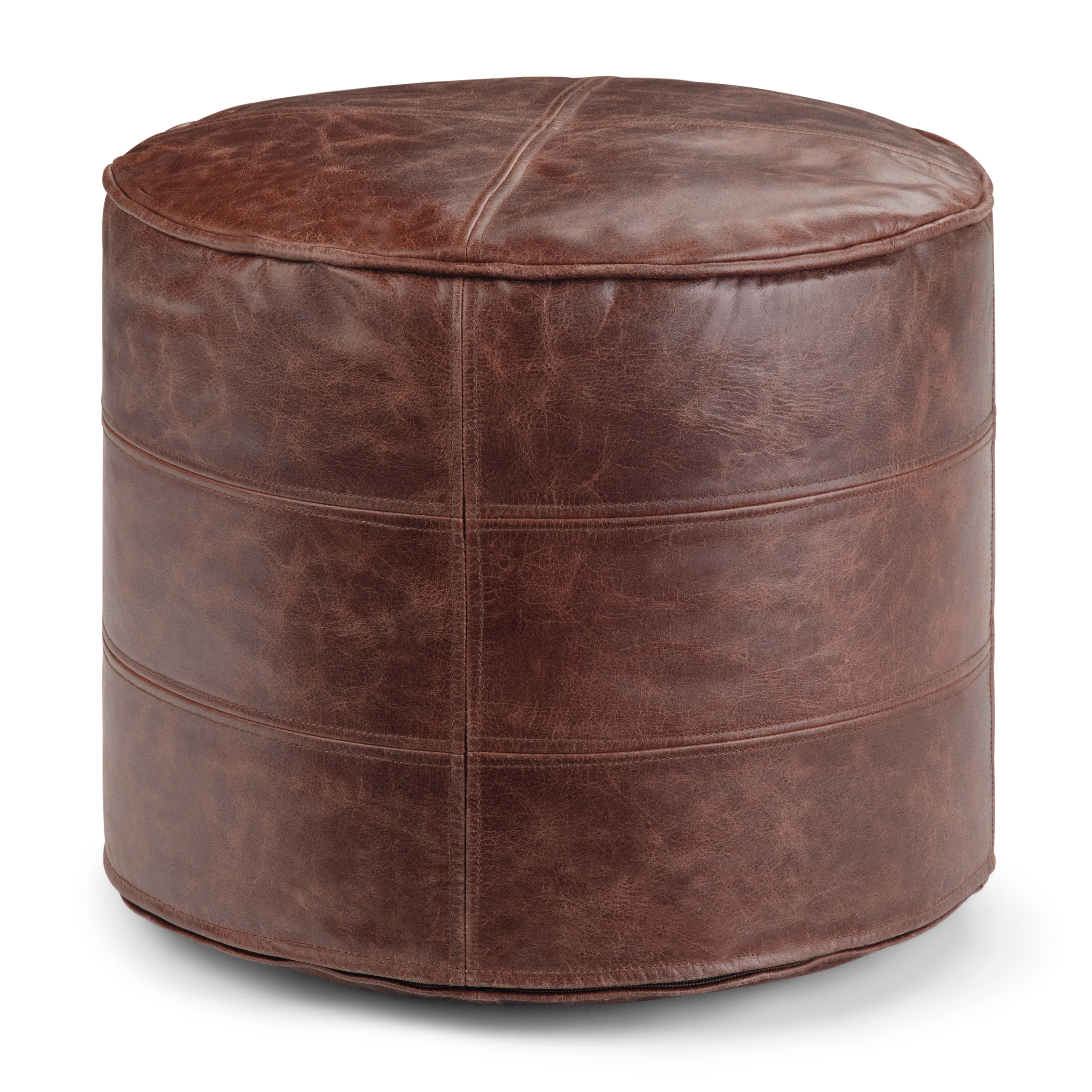 Simpli Home Connor Transitional Leather Round Ottoman in Distressed Brown