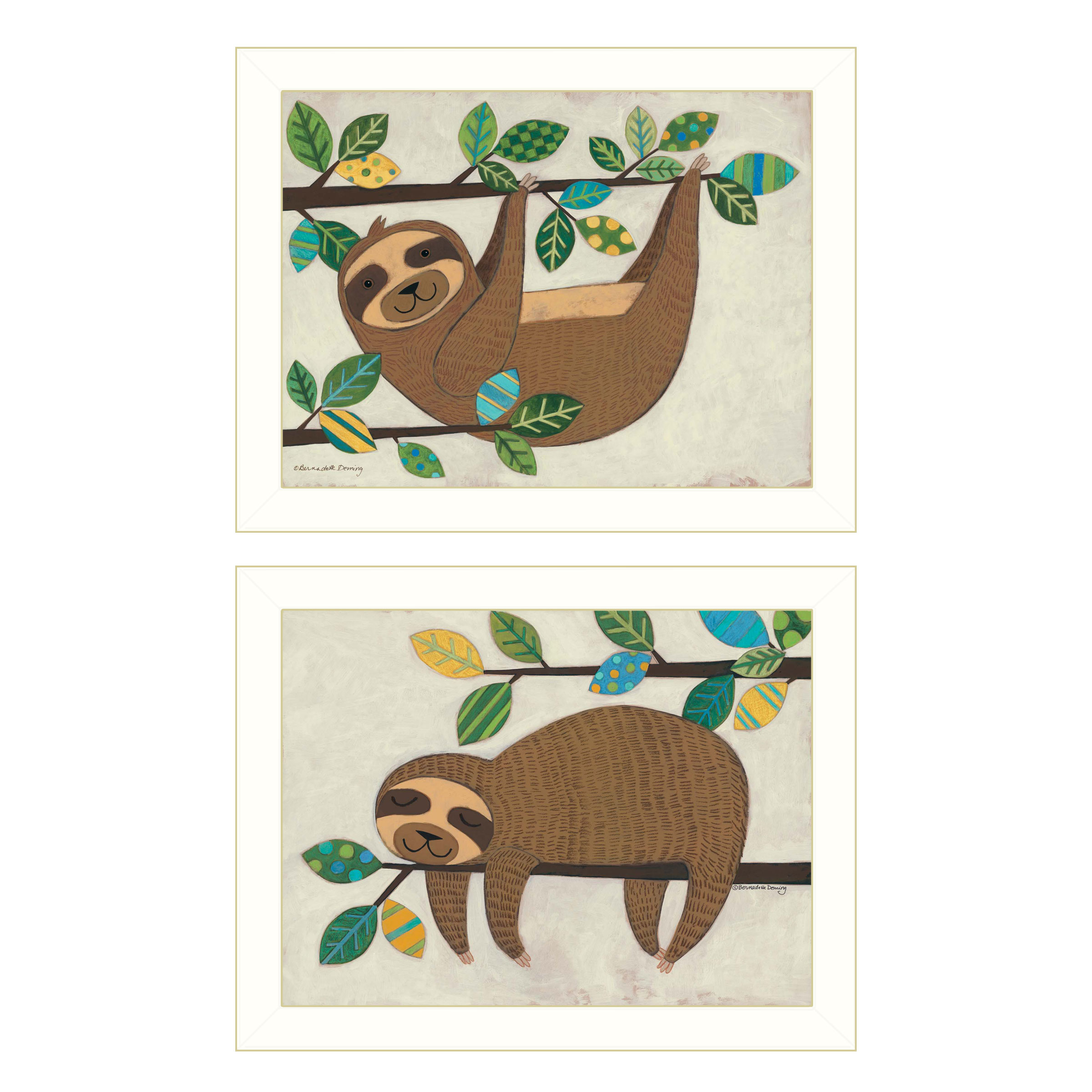 Trendy Decor 4U Millwork Engineering, Inc. "Cute Sloths" 2-Piece Vignette by Bernadette Deming, White Frame