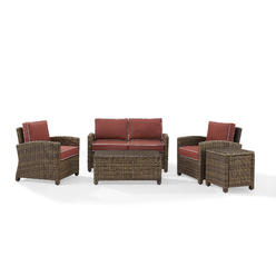 Crosley Furniture Bradenton 5Pc Outdoor Wicker Conversation Set Sangria/Weathered Brown - Loveseat, 2 Arm Chairs, Side Table, Glass Top Table