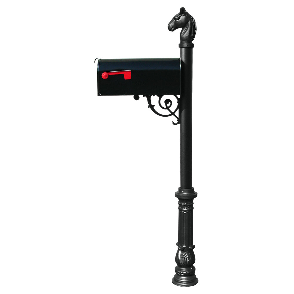 Qualarc Lewiston Equine Post System with E1 Economy Mailbox, Mounting Plate, Ornate Base and Horsehead Finial - Black