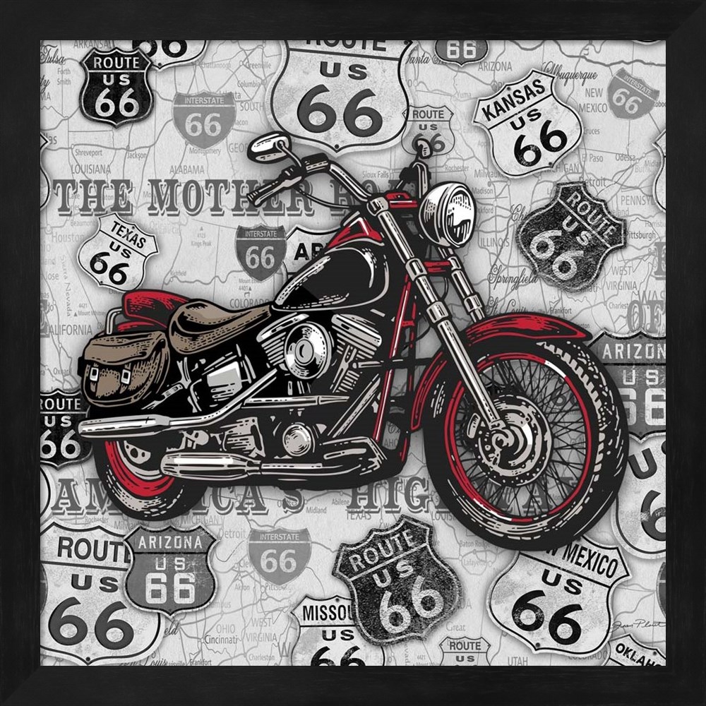 Great Art Now Vintage Motorcycles On Route 66-1 By Jean Plout, Framed Wall Art, 13.25x13.25