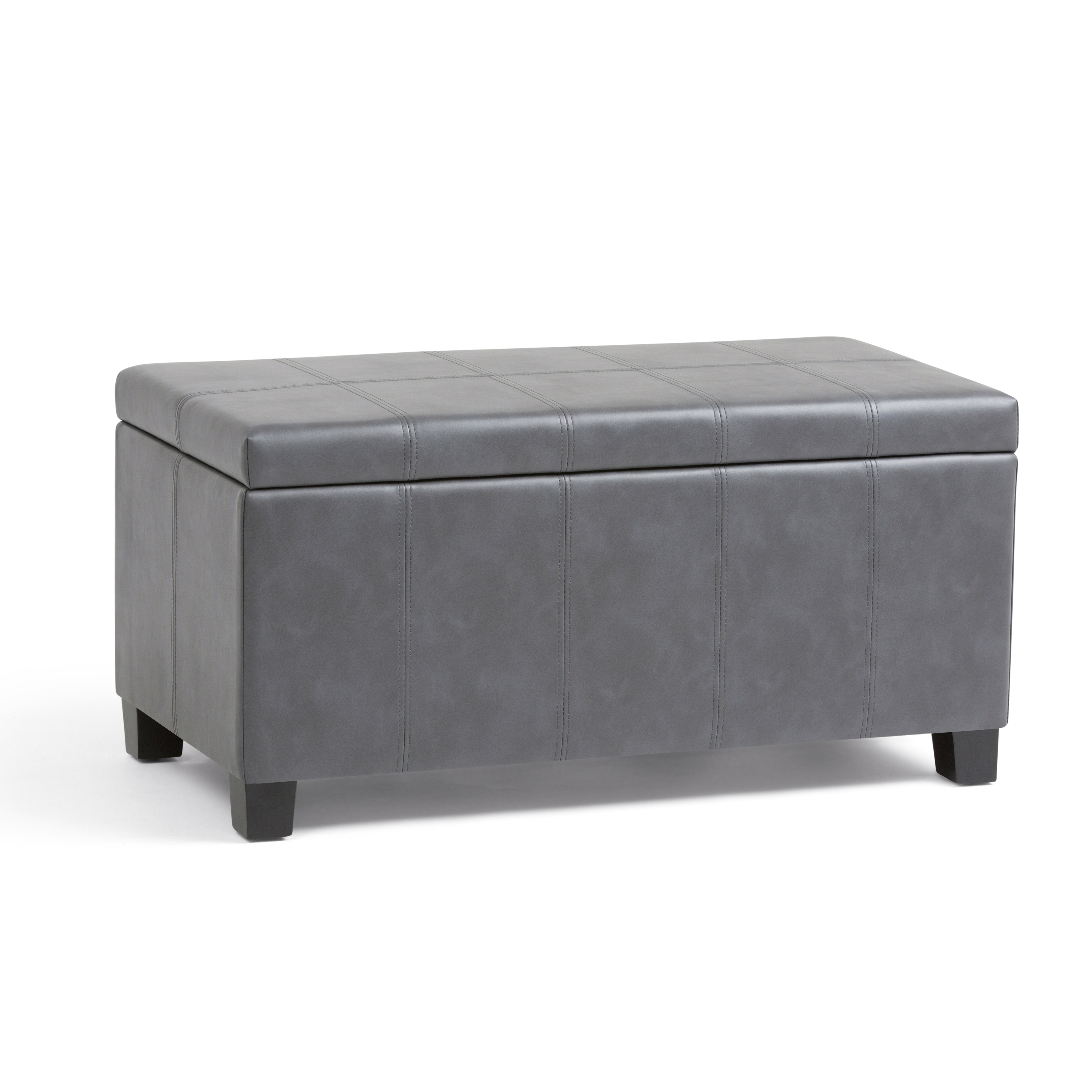 Simpli Home Dover Faux Leather Storage, Grey Leather Storage Bench