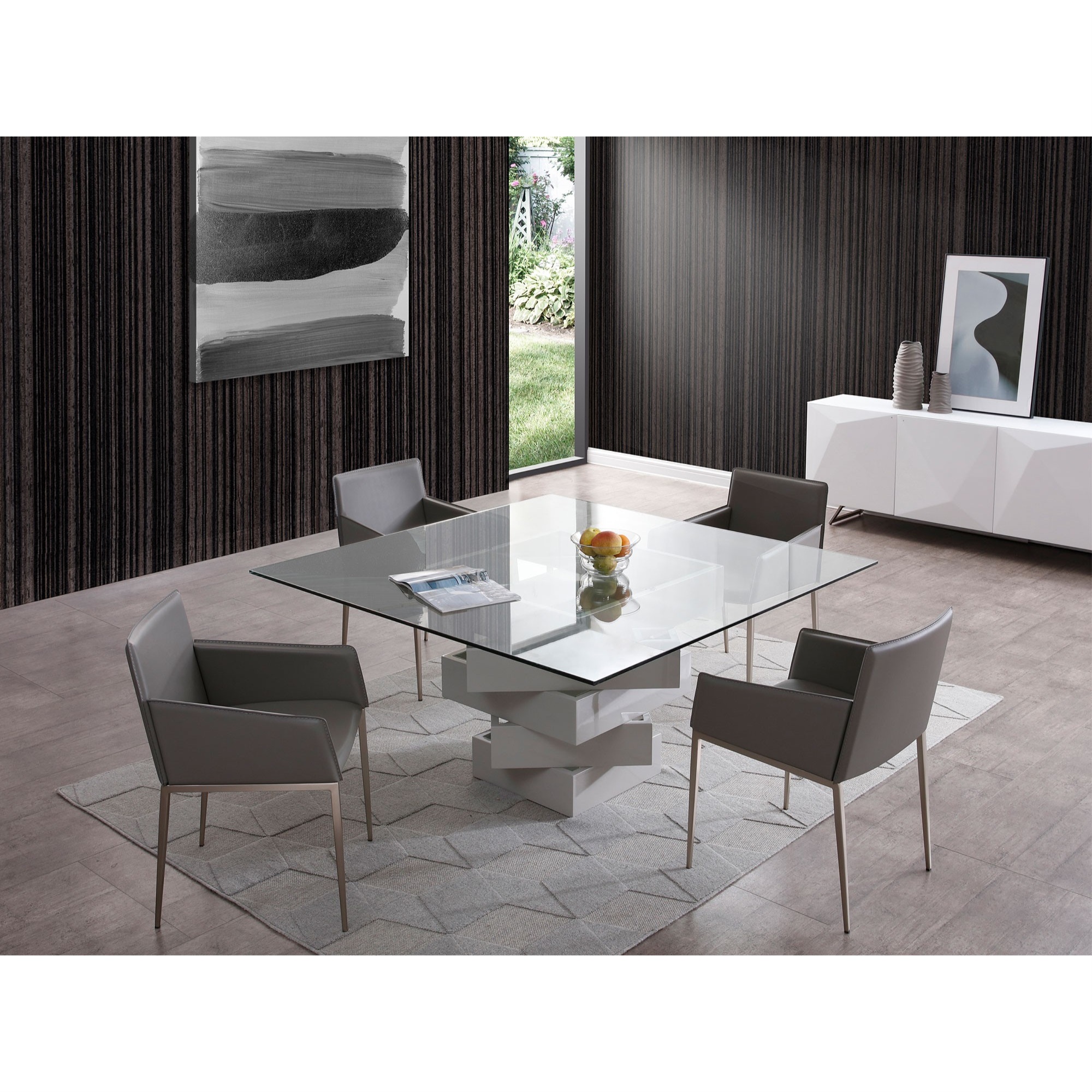 Whiteline Modern Living Carson Dining Table, high gloss gray lacquer geometric base with mirrors, 12mm clear glass top