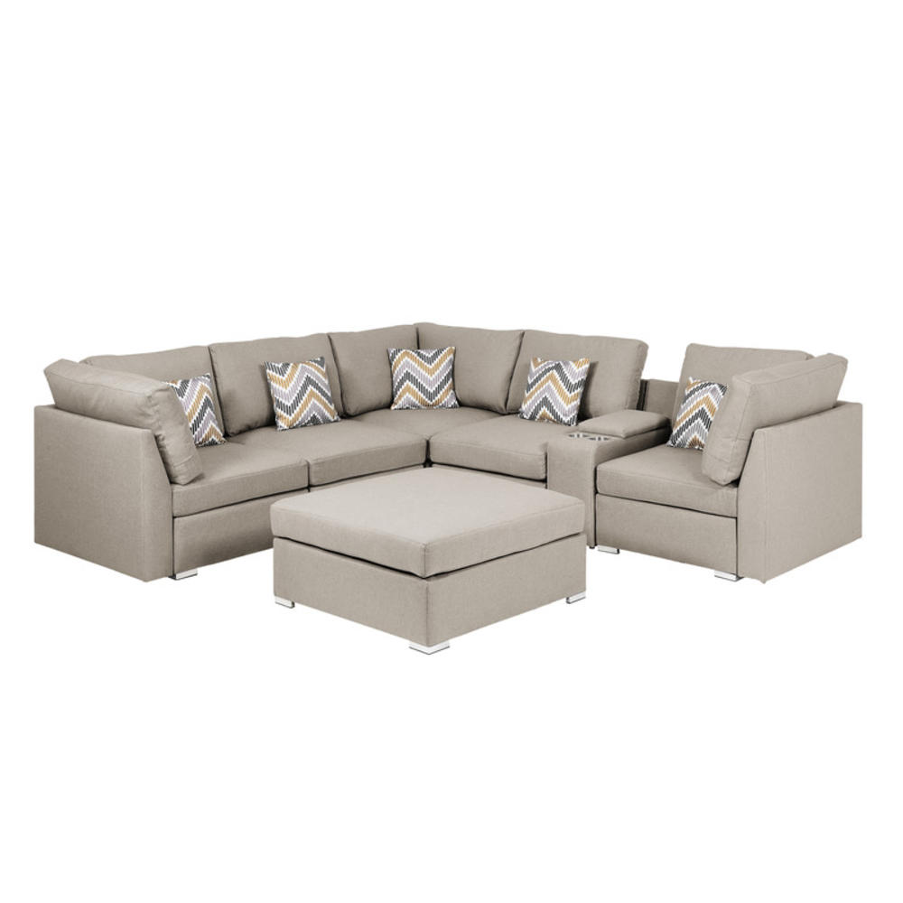 Lilola Home Amira Beige Fabric Reversible Sectional Sofa with USB Console and Ottoman
