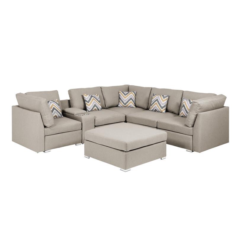 Lilola Home Amira Beige Fabric Reversible Sectional Sofa with USB Console and Ottoman