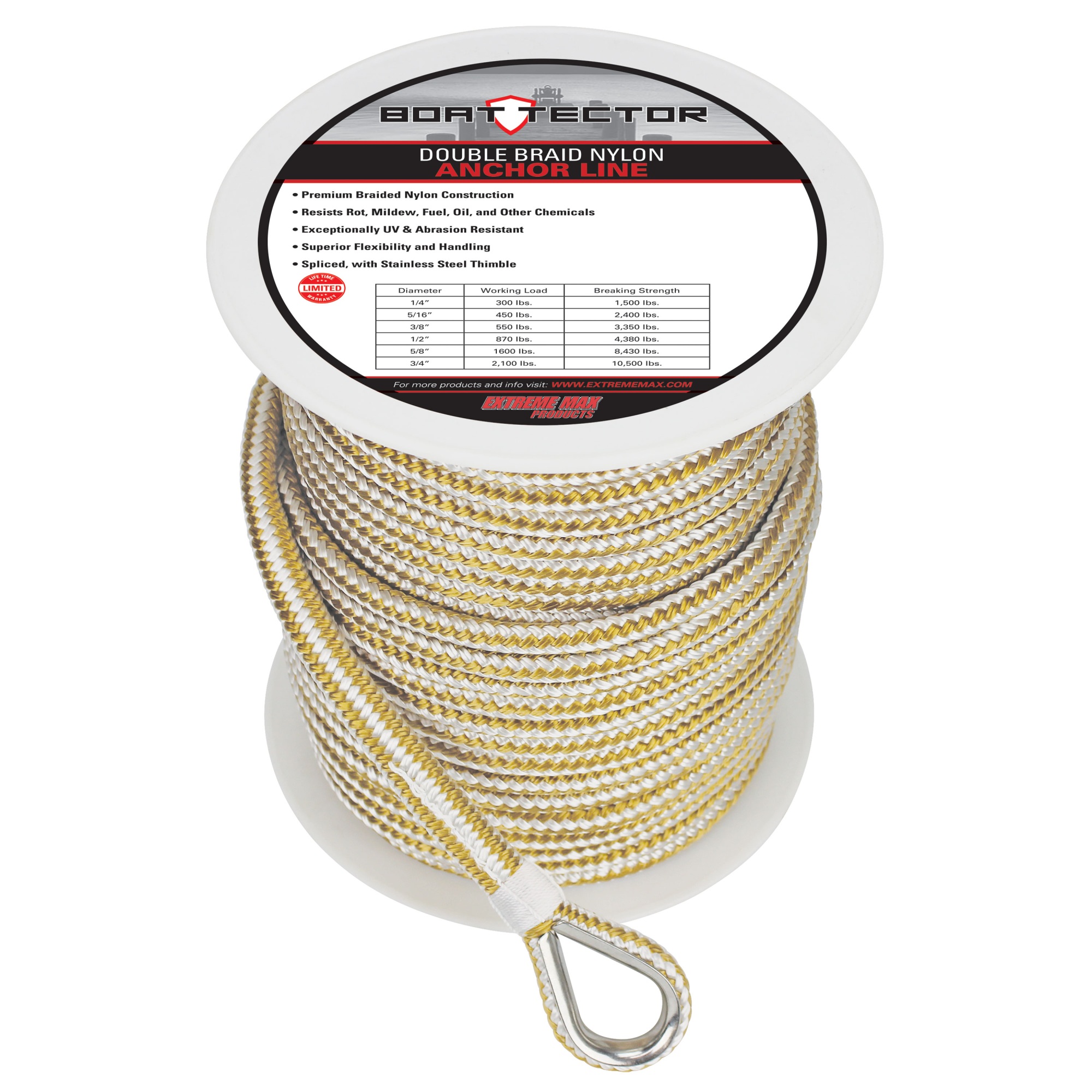 Extreme Max 3-8X200 W-G W-THIMBLE 0.37 in.x 200 ft. BoatTector Double Braid Nylon Anchor Line with Thimble