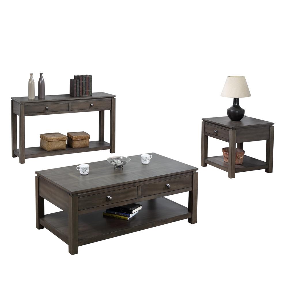 Sunset Trading Shades of Gray 3 Piece Living Room Table Set with Drawers and Shelves