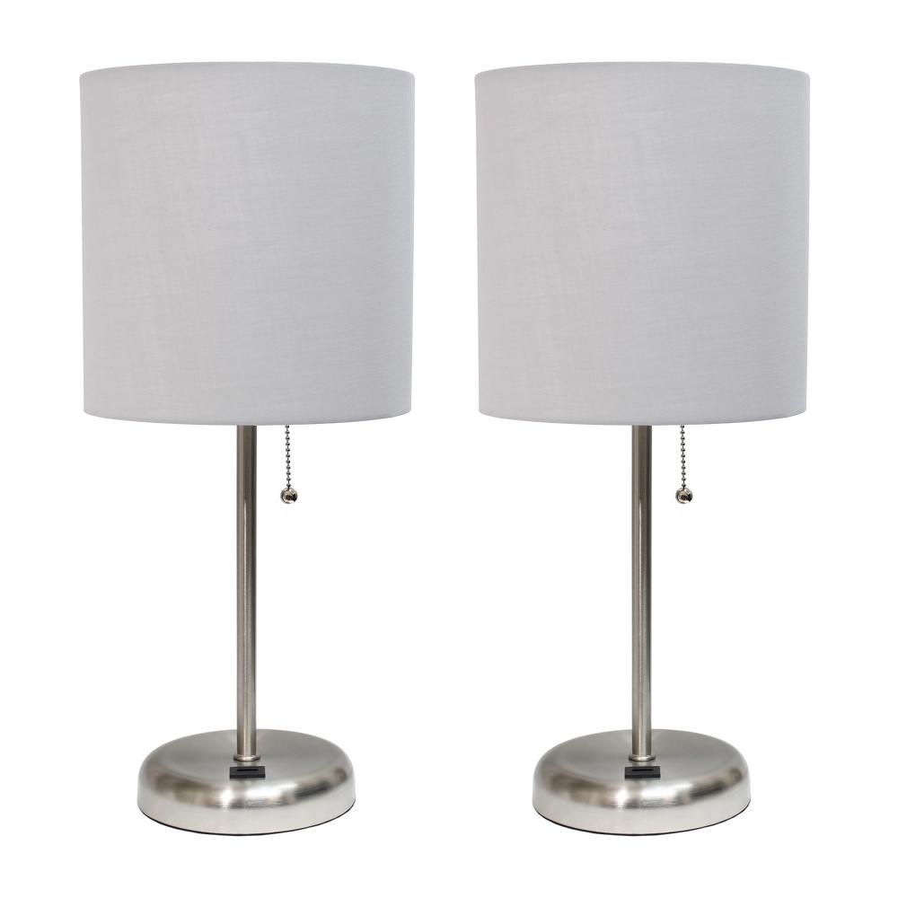 Limelights Stick Lamp with USB charging port and Fabric Shade 2 Pack Set, Gray