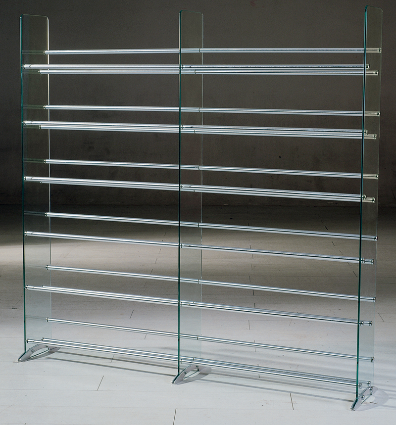 TransDeco Clear glass CD/DVD rack, 12 shelves in brushed silver/chrome caps