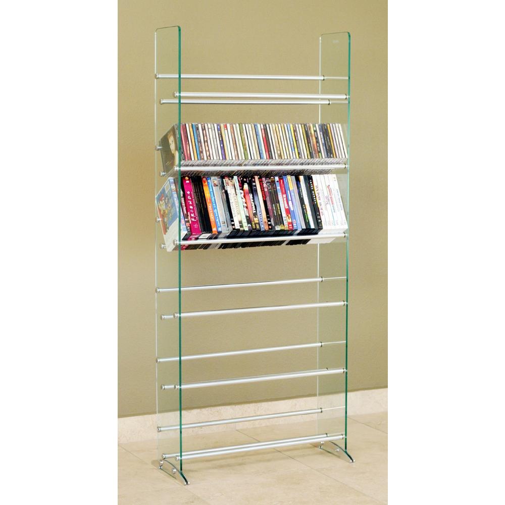 TransDeco Clear glass CD/DVD rack, 6 shelves in brushed silver/chrome caps