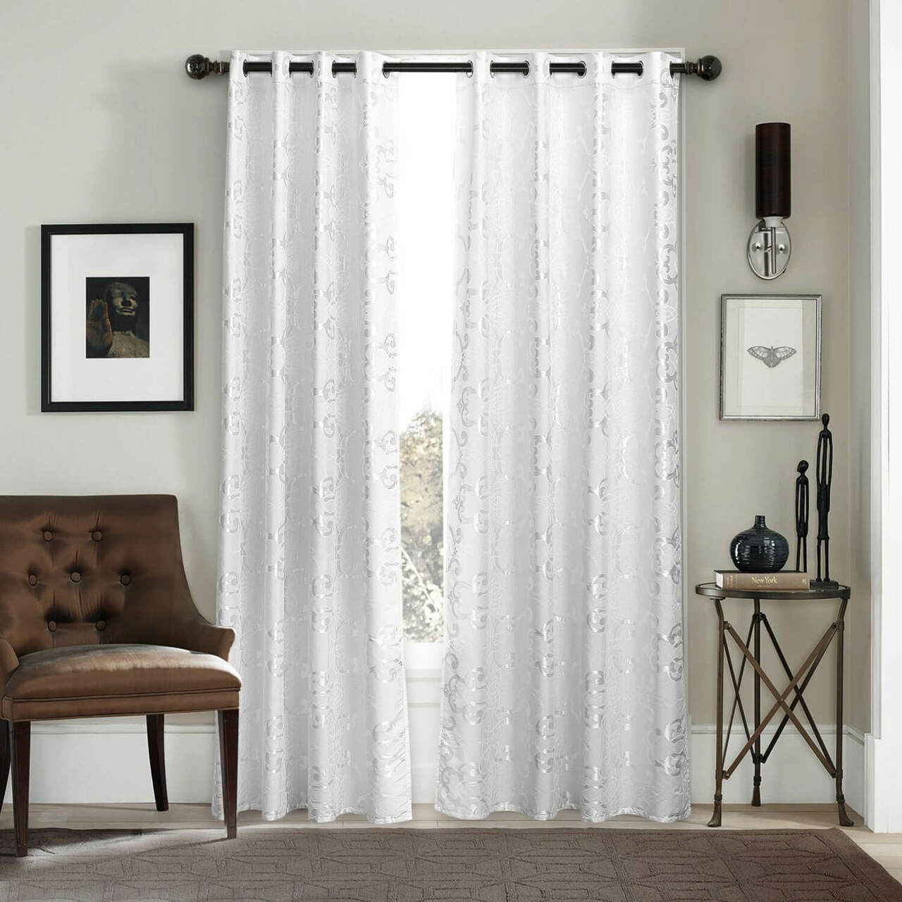 Dolce Mela White Curtains Damask Jacquard, Grommet, Semi-Blackout, Tall 60x100 inches