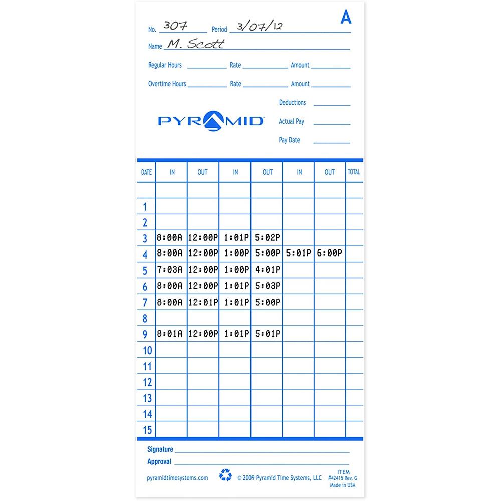 Pyramid Time Systems Attendance Cards for Time Clock models 2500/2600/2650, 1000 per pack