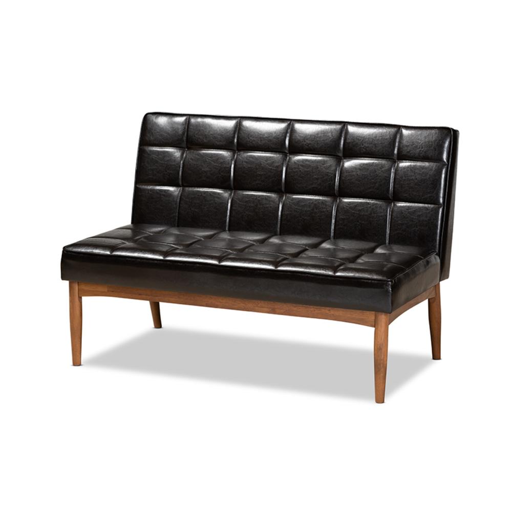 Baxton Studio Sanford Mid-Century Modern Dark Brown Faux Leather Upholstered and Walnut Brown Finished Wood 2-Piece Dining Nook Banquette Set
