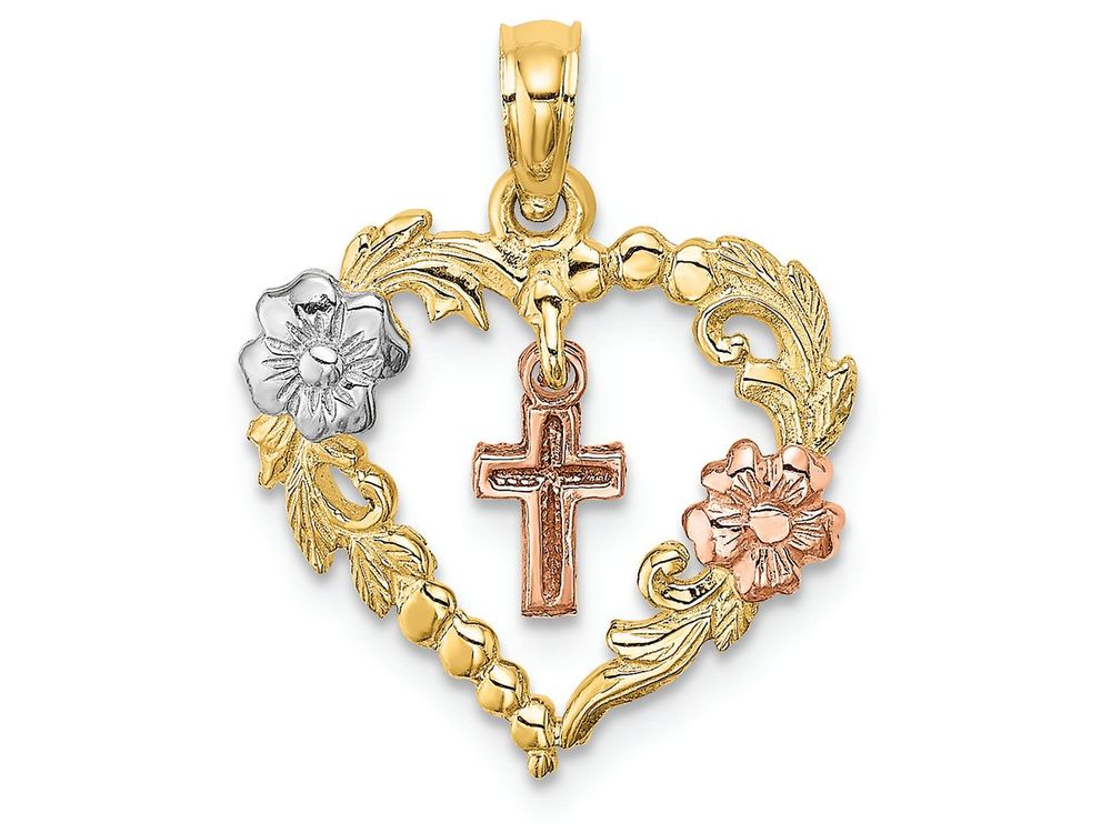 FJC Finejewelers Heart with Dangling Cross Flowerstri-color Charm in 14 kt Two Tone Gold