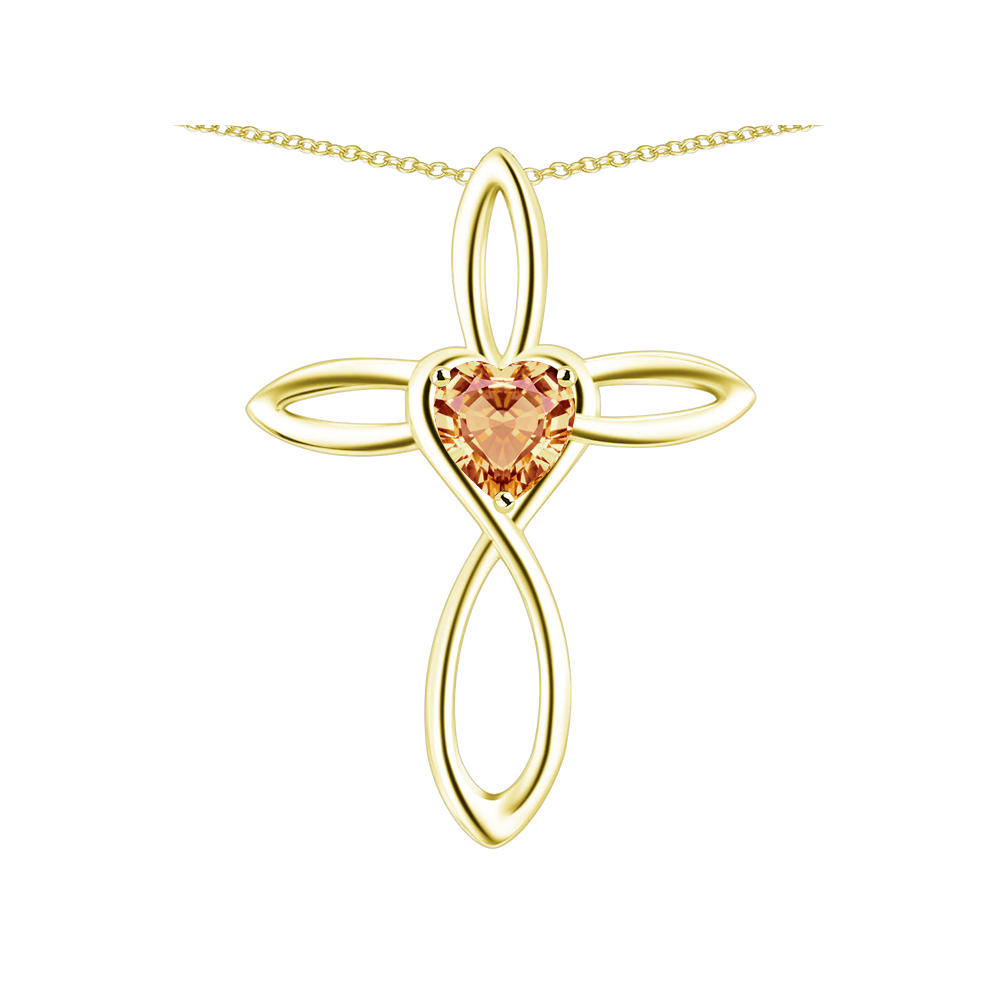 Star K 14k Gold Infinity Love Cross with Simulated Imperial Yellow Topaz Heart Stone Pendant Necklace