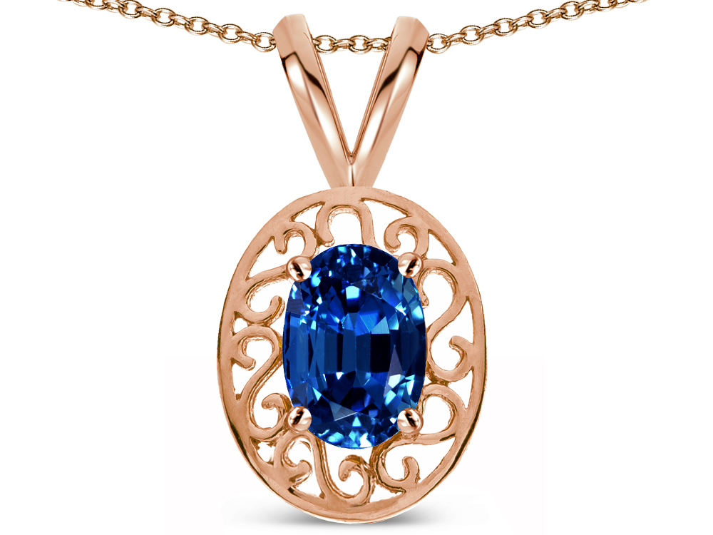 Star K Vintage Style Filigree Oval 6x4mm Created Sapphire Pendant Necklace