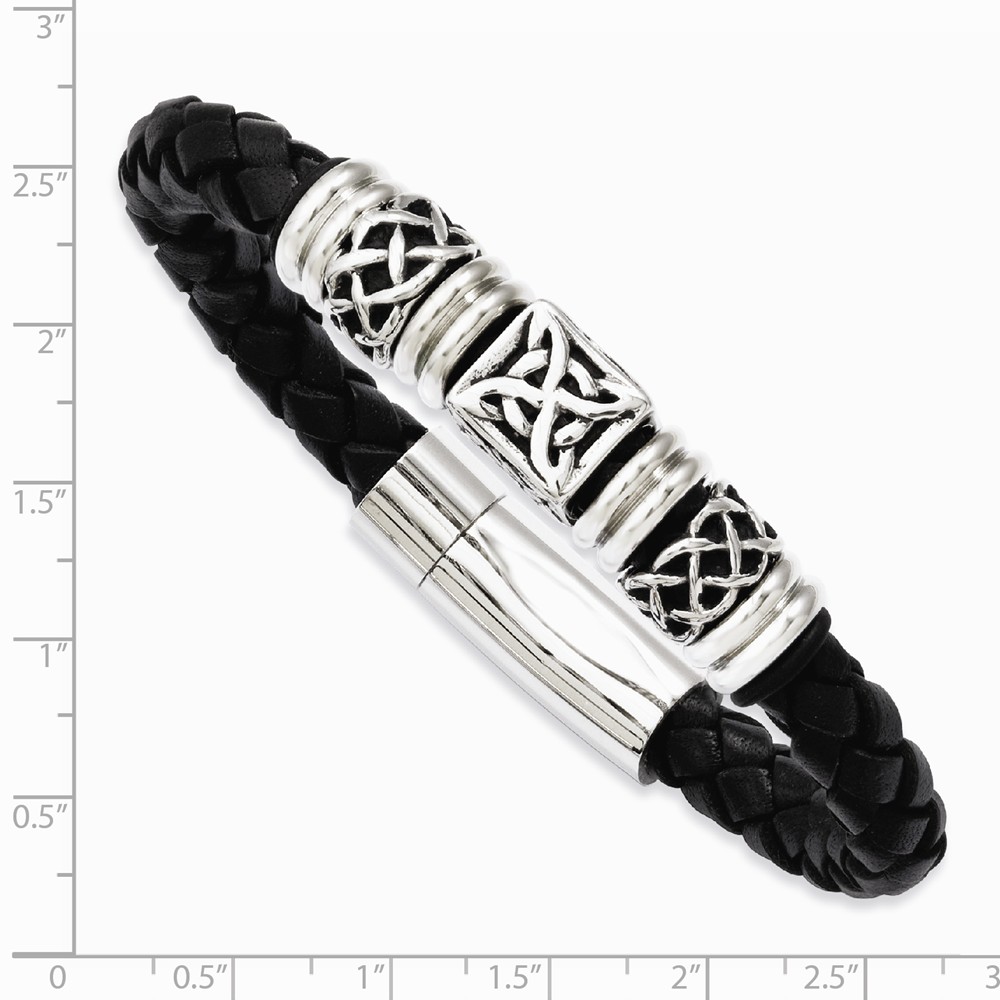 Chisel Stainless Steel Black Leather W/ Antiqued Beads 8.5in Bracelet
