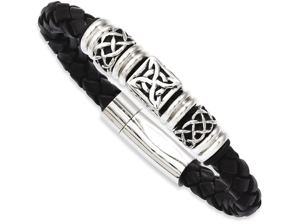 Chisel Stainless Steel Black Leather W/ Antiqued Beads 8.5in Bracelet
