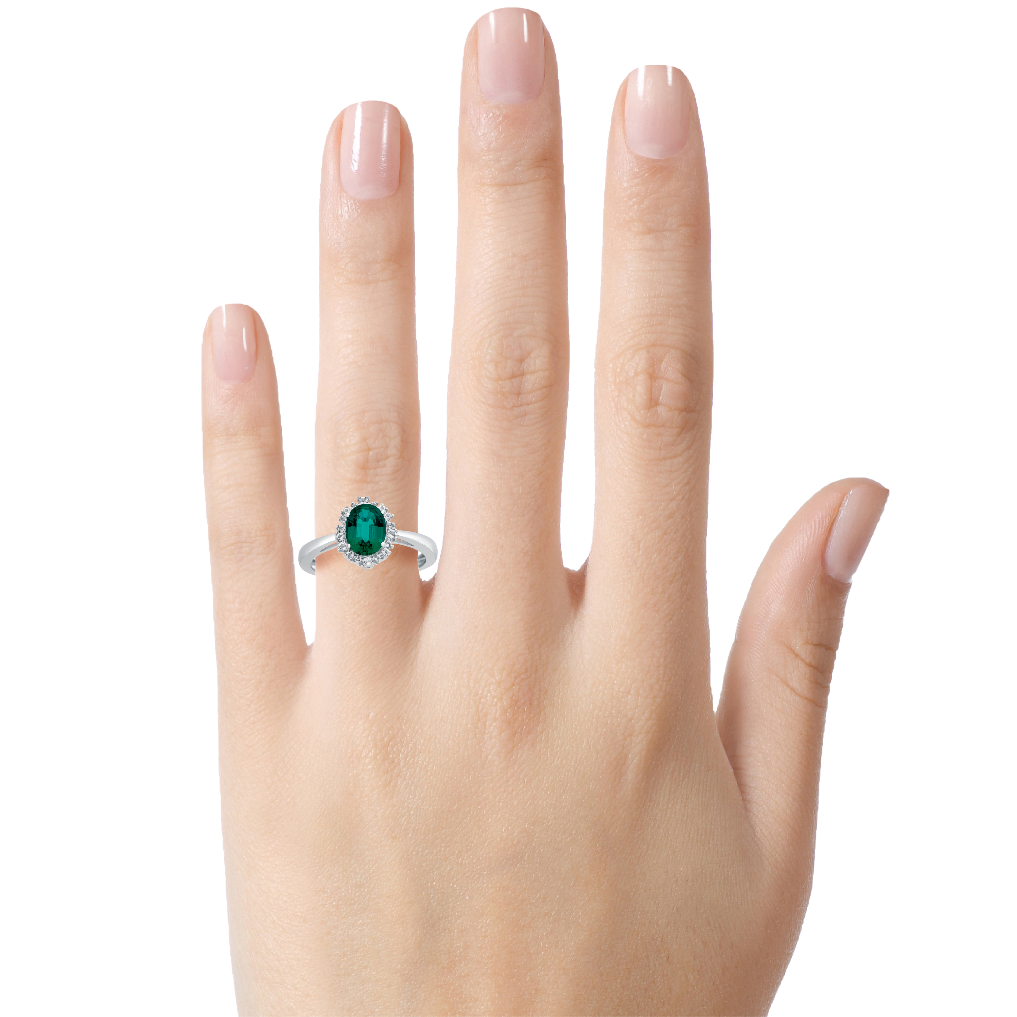 FJC Finejewelers 10k White Gold 8x6mm Oval Created Emerald with White Topaz accent stones Halo Ring