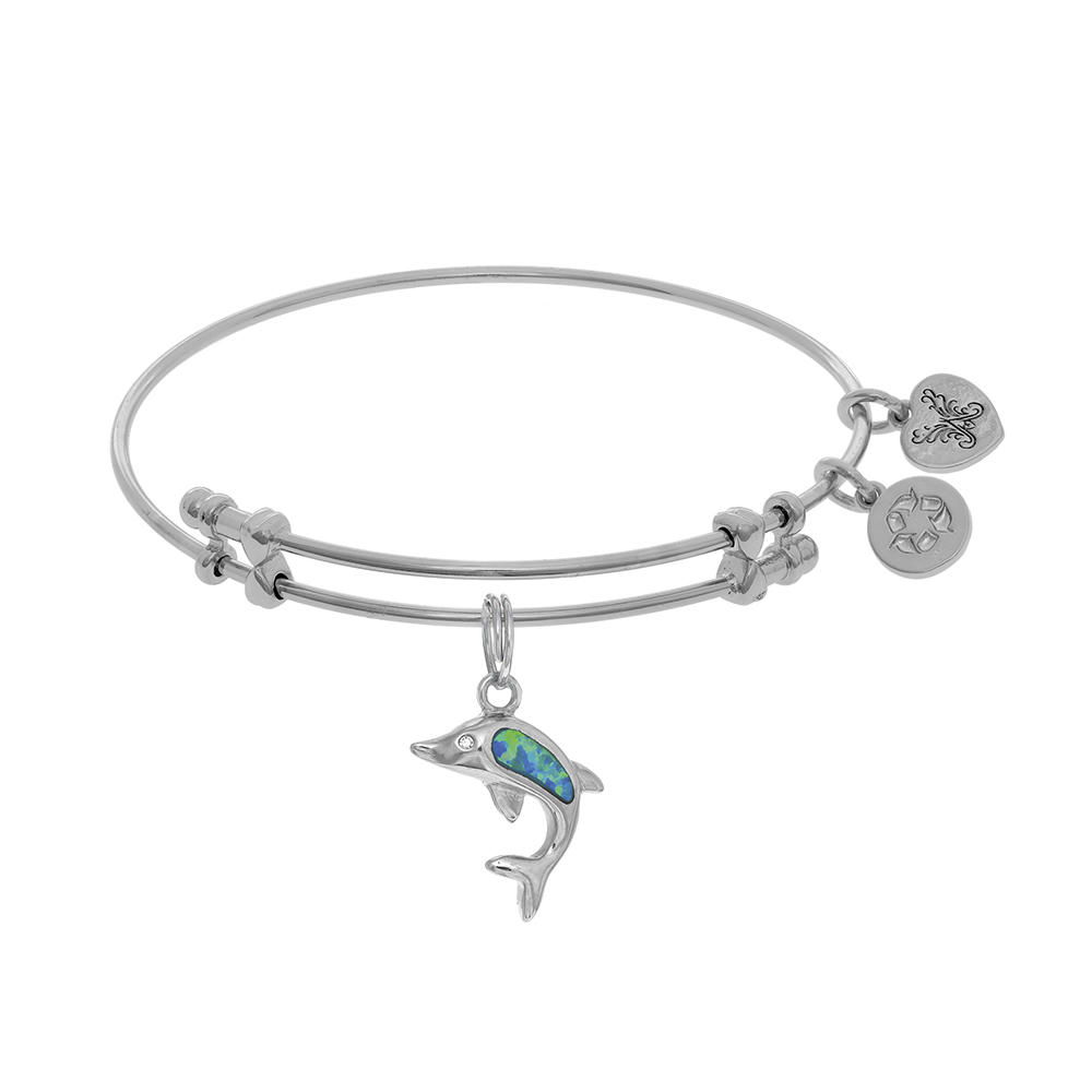 Angelica Collection Brass with White Created Opal Single Dolphin Charm On White Bangle