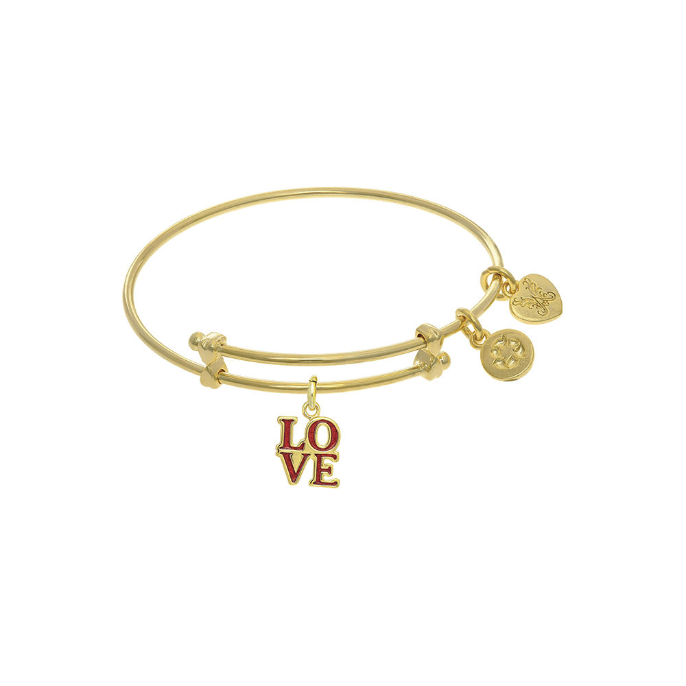 Angelica Collection Yellow Finish Expandable Tween Brass Bangle with L Ove Charm in Yellow Finish (Small)