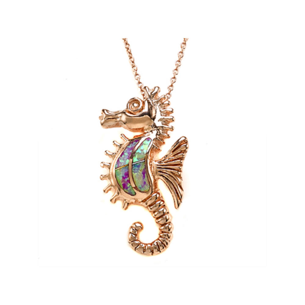 FJC Collections Rose Gold Over Sterling Silver Sealife Seahorse Pendant with Created Pink Opal Inlay
