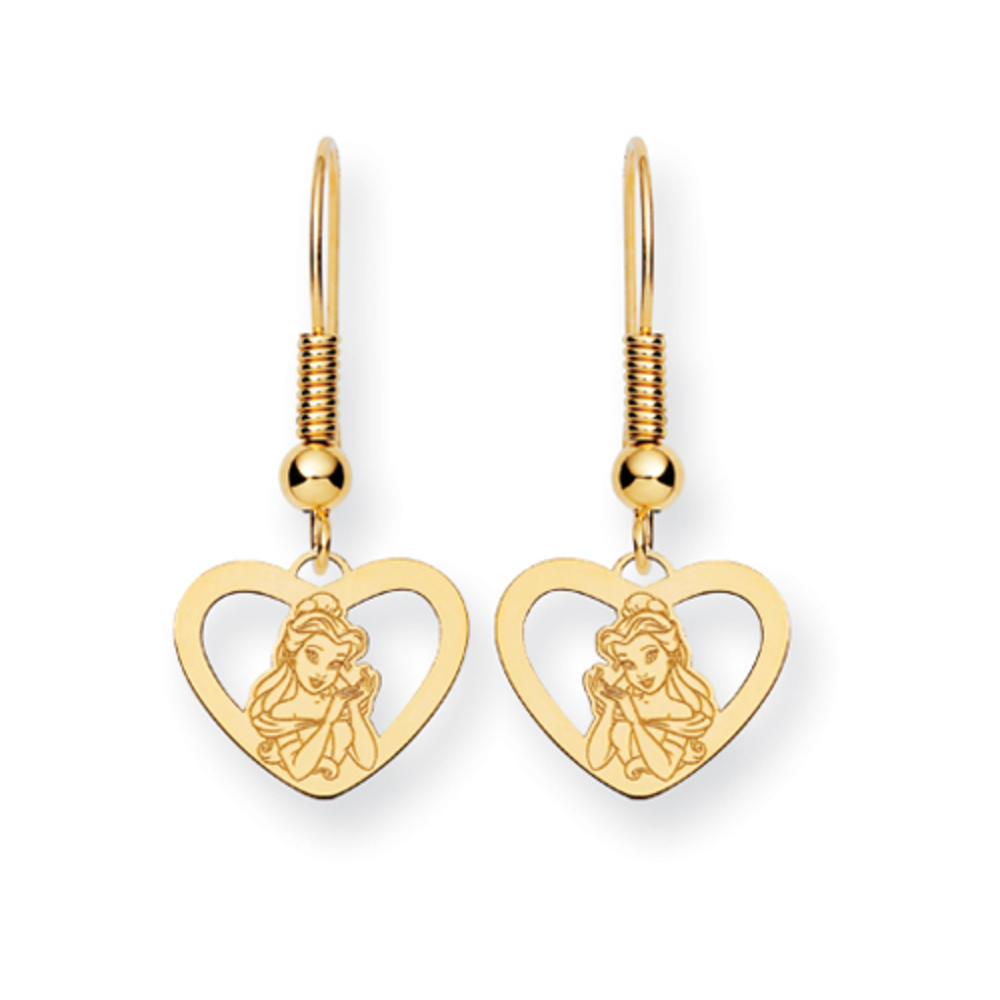 Disney Belle Heart Dangle Wire Earrings in 14k Yellow Gold