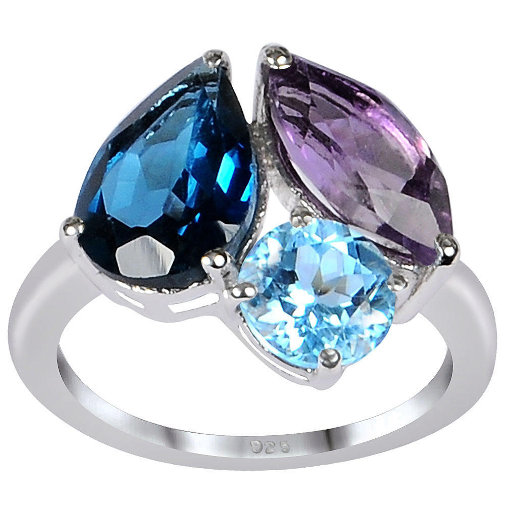 Orchid Jewelry 925 Sterling Silver Ring 6.75ct TGW Genuine London Blue Topaz, Amethyst & Blue Topaz