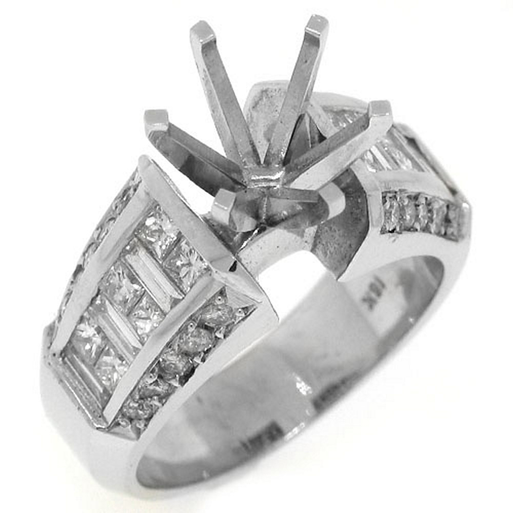 TheJewelryMaster 18k White Gold 1.56 Carats Princess Baguette Diamond Engagement Ring Semi Mount