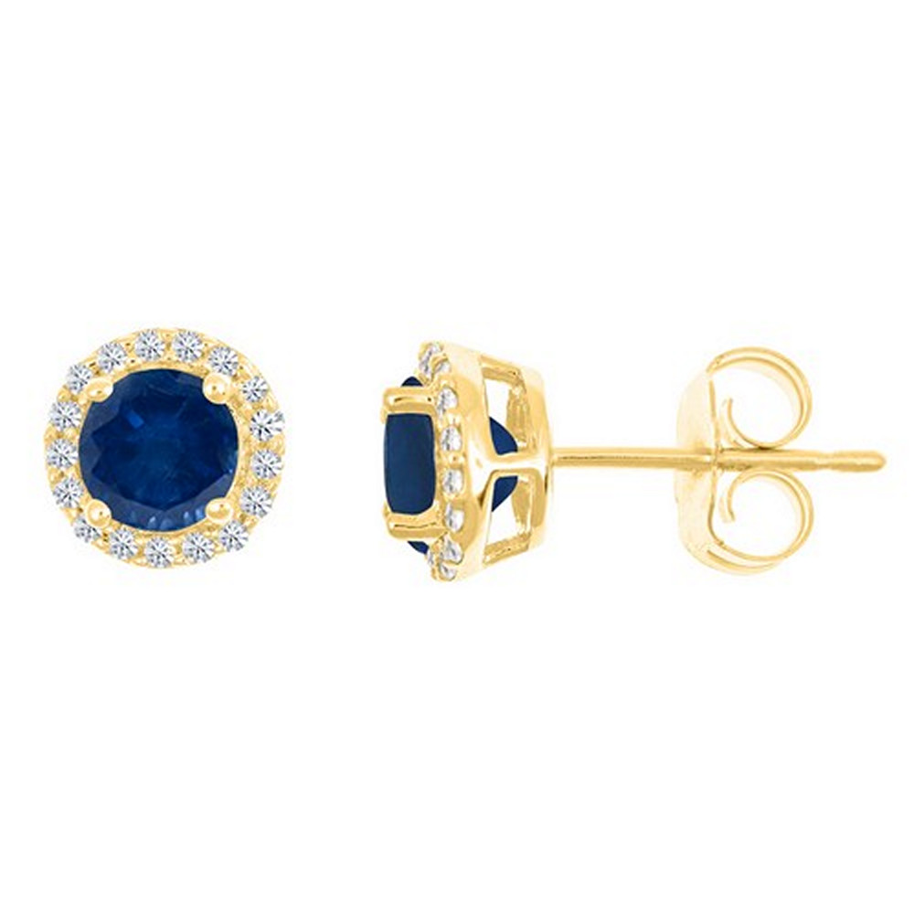 TheJewelryMaster 14k Yellow Gold Brilliant Round Cut Blue Sapphire & Diamond Halo Stud Earrings
