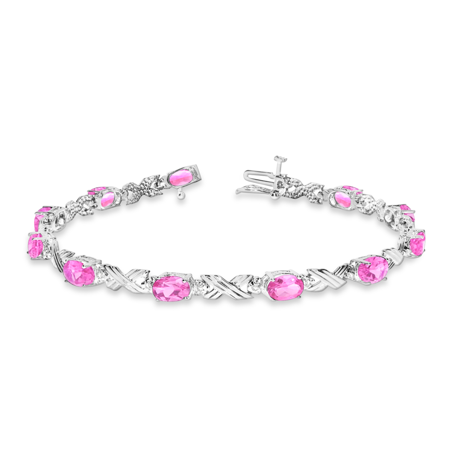 TheJewelryMaster Pink Sapphire and Diamond XOXO Link Bracelet in 14k White Gold (6.65ct)