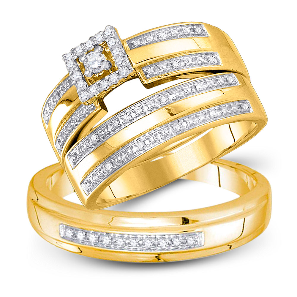 TheJewelryMaster 0.23ctw Princess Shape Round Diamond Halo Engagement Ring Wedding Band Trio Set