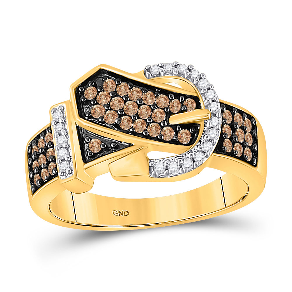 TheJewelryMaster 0.50ctw Champagne Cognac Brown & White Round Belt Buckle Diamond Ring Wedding Band