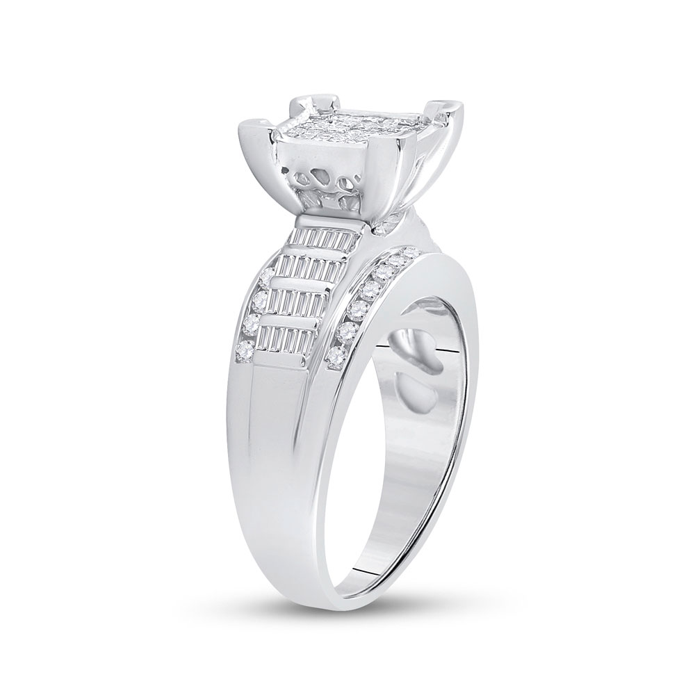 TheJewelryMaster 1.00ctw Princess Cut Invisible Baguette & Round Diamond Halo Engagement Ring