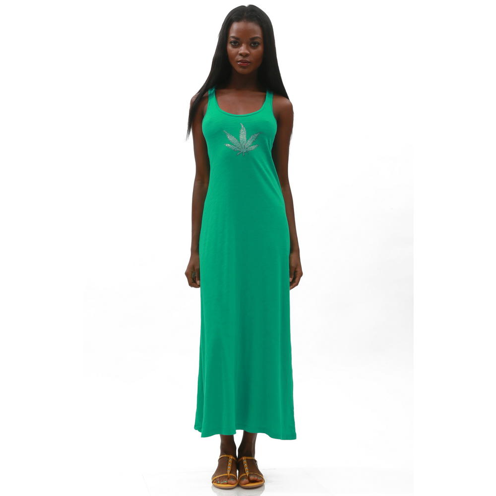 E.vil Womens Green Racerback Maxi Dress Embelished "Small Marihuanna Leaf"
