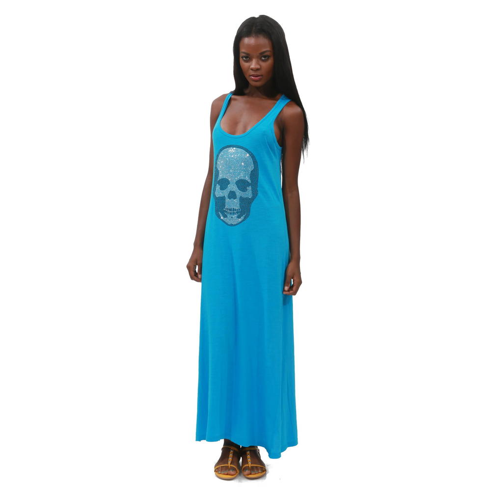 E.vil Womens Light Blue Racerback Maxi Dress Embelished "Crystal & Black Skull"
