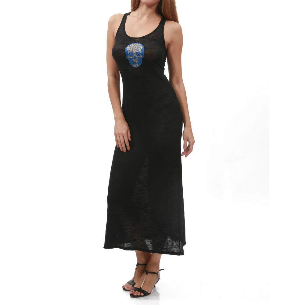 E.vil Womens Black Racerback Maxi Dress  "Small Crystal & Light Blue Skull"