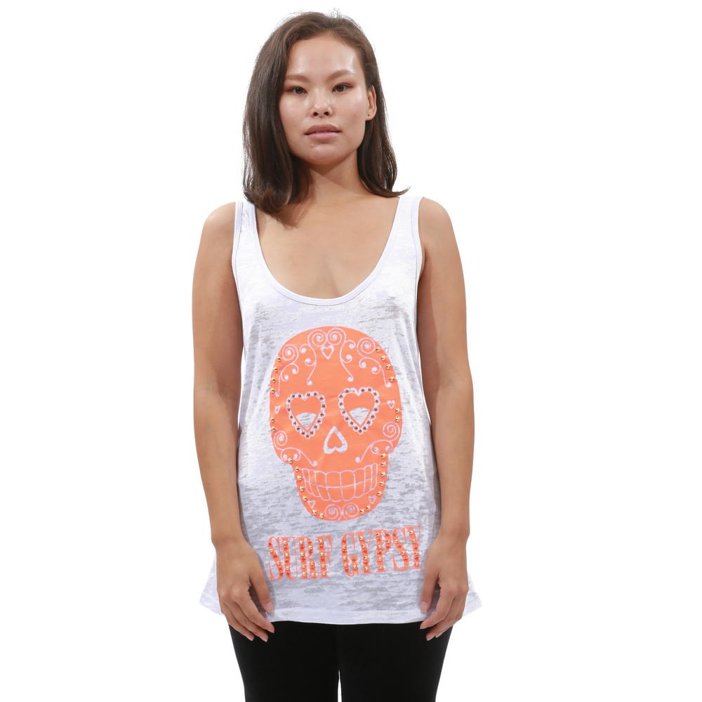 E.vil Womens Burnout Tank Top "Surf Gypsy Neon Orange Ink with Stones" White