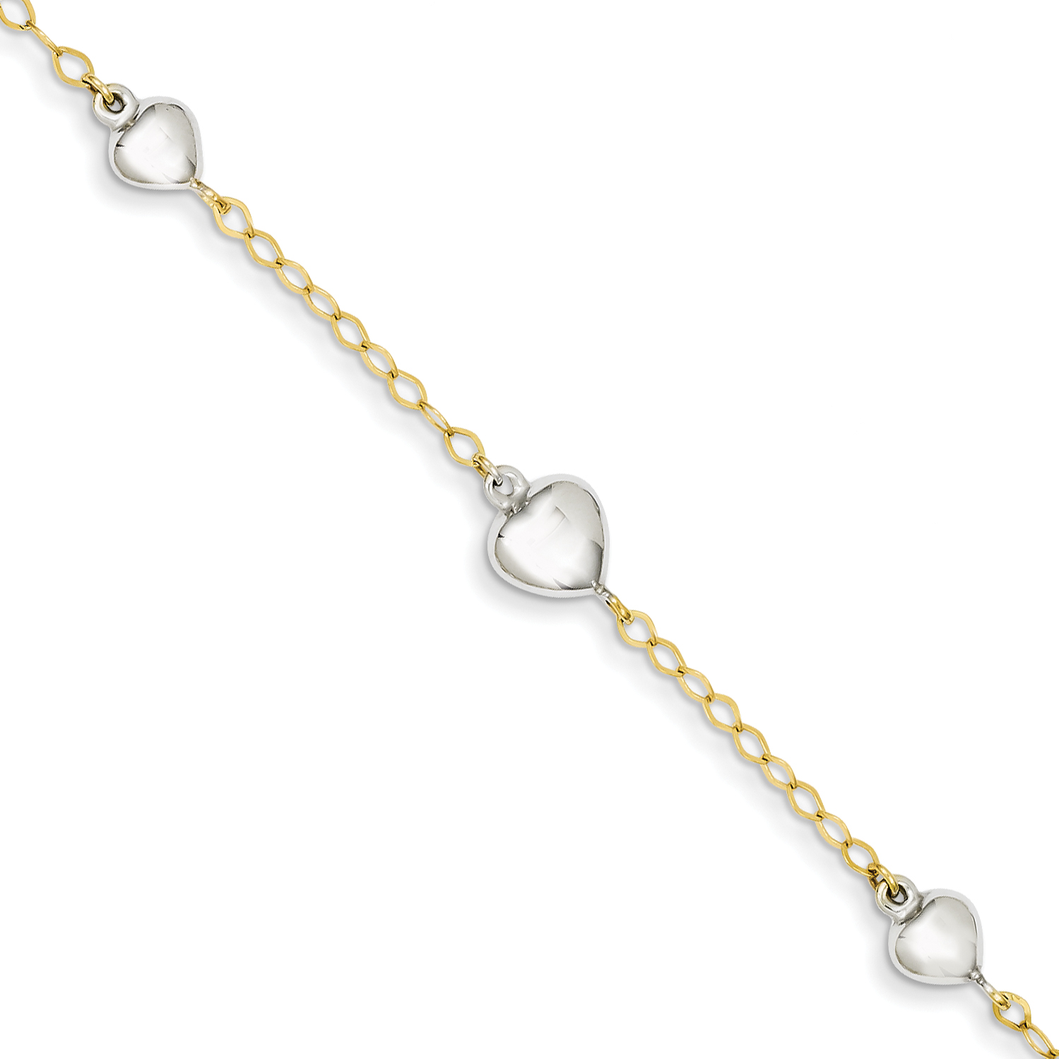 Core Gold 14K Two-tone Puffed Heart & Keys 9in w/1in ext. Anklet